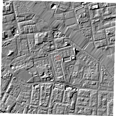 Shaded relief map of the ground around SE163UU, computed from Environment Agency LiDAR. The ground here sits at about 2 m above sea level and falls 7 m across the surrounding 800 m. Surface water reaching this point runs off ground lying to the east-south-east, 0.5 m higher.