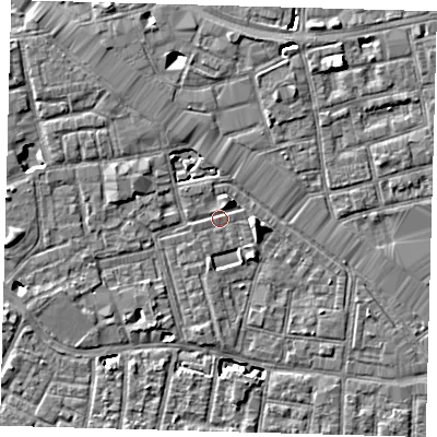 Shaded relief map of the ground around SE163UW, computed from Environment Agency LiDAR. The ground here sits at about 2 m above sea level and falls 6 m across the surrounding 800 m. Surface water reaching this point runs off ground lying to the west, 4.3 m higher.