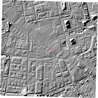 Shaded relief map of the ground around SE163UX, computed from Environment Agency LiDAR. The ground here sits at about 2 m above sea level and falls 8 m across the surrounding 800 m. Surface water reaching this point runs off ground lying to the north-north-east, 6.6 m higher.