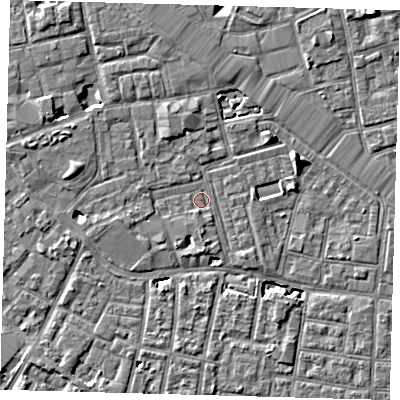 Shaded relief map of the ground around SE163UZ, computed from Environment Agency LiDAR. The ground here sits at about 2 m above sea level and falls 7 m across the surrounding 800 m. Surface water reaching this point runs off ground lying to the west-north-west, 4.3 m higher.