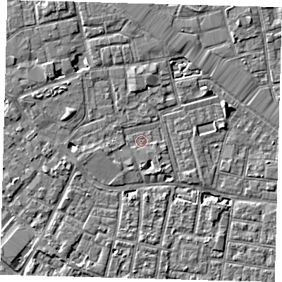 Shaded relief map of the ground around SE163XA, computed from Environment Agency LiDAR. The ground here sits at about 2 m above sea level and falls 7 m across the surrounding 800 m. Surface water reaching this point runs off ground lying to the west-south-west, 1.2 m higher.