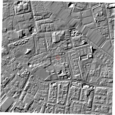 Shaded relief map of the ground around SE163XB, computed from Environment Agency LiDAR. The ground here sits at about 2 m above sea level and falls 7 m across the surrounding 800 m. Surface water reaching this point runs off ground lying to the west-north-west, 4.3 m higher.