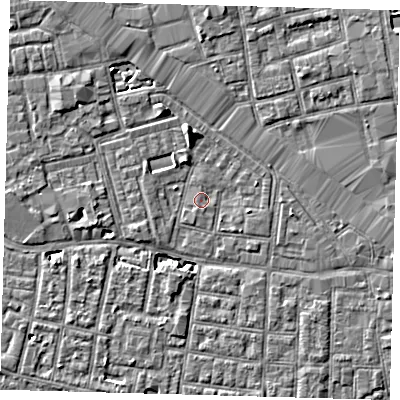 Shaded relief map of the ground around SE163XT, computed from Environment Agency LiDAR. The ground here sits at about 2 m above sea level and falls 7 m across the surrounding 800 m. Surface water reaching this point runs off ground lying to the north, 5.0 m higher.