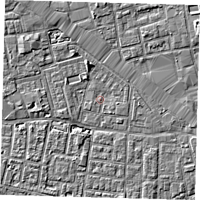 Shaded relief map of the ground around SE163XU, computed from Environment Agency LiDAR. The ground here sits at about 2 m above sea level and falls 7 m across the surrounding 800 m. Surface water reaching this point runs off ground lying to the north-north-west, 4.9 m higher.