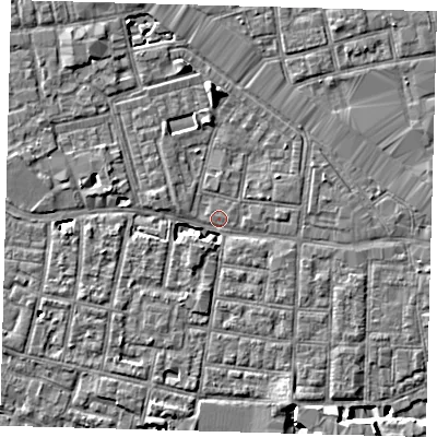 Shaded relief map of the ground around SE163XY, computed from Environment Agency LiDAR. The ground here sits at about 2 m above sea level and falls 7 m across the surrounding 800 m. Surface water reaching this point runs off ground lying to the north, 5.7 m higher.