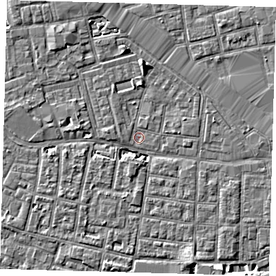 Shaded relief map of the ground around SE163XZ, computed from Environment Agency LiDAR. The ground here sits at about 2 m above sea level and falls 7 m across the surrounding 800 m. Surface water reaching this point runs off ground lying to the north, 5.7 m higher.