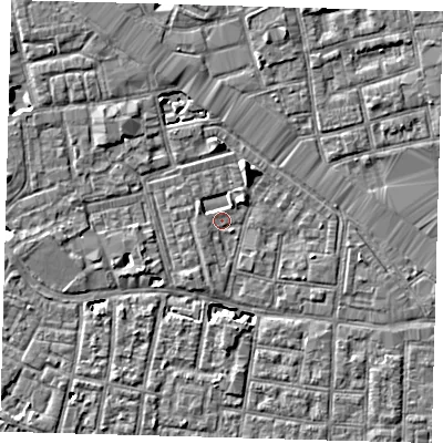Shaded relief map of the ground around SE163YA, computed from Environment Agency LiDAR. The ground here sits at about 2 m above sea level and falls 7 m across the surrounding 800 m. Surface water reaching this point runs off ground lying to the south-west, 3.2 m higher.