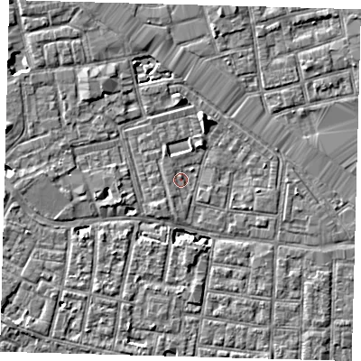 Shaded relief map of the ground around SE163YB, computed from Environment Agency LiDAR. The ground here sits at about 2 m above sea level and falls 7 m across the surrounding 800 m. Surface water reaching this point runs off ground lying to the west-south-west, 3.2 m higher.