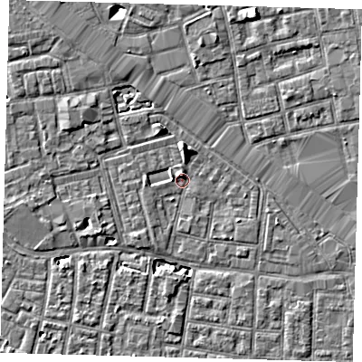 Shaded relief map of the ground around SE163YD, computed from Environment Agency LiDAR. The ground here sits at about 2 m above sea level and falls 7 m across the surrounding 800 m. Surface water reaching this point runs off ground lying to the north, 3.5 m higher.