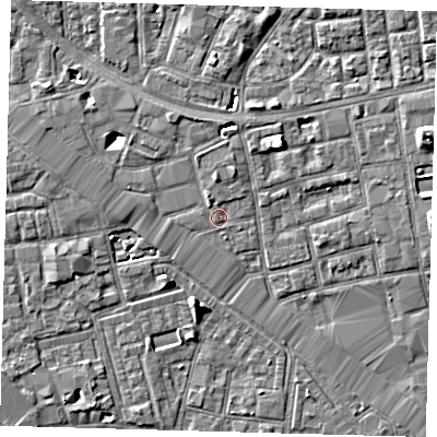 Shaded relief map of the ground around SE164AA, computed from Environment Agency LiDAR. The ground here sits at about 3 m above sea level and falls 7 m across the surrounding 800 m. Surface water reaching this point runs off ground lying to the north-north-west, 1.0 m higher.