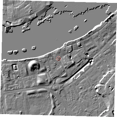 Shaded relief map of the ground around SE164AB, computed from Environment Agency LiDAR. The ground here sits at about 3 m above sea level and falls 19 m across the surrounding 800 m. Surface water reaching this point runs off ground lying to the north, 2.5 m higher.
