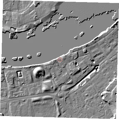 Shaded relief map of the ground around SE164AD, computed from Environment Agency LiDAR. The ground here sits at about 4 m above sea level and falls 19 m across the surrounding 800 m. Surface water reaching this point runs off ground lying to the east-north-east, 4.1 m higher.