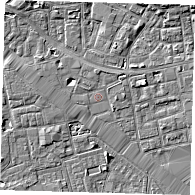 Shaded relief map of the ground around SE164AG, computed from Environment Agency LiDAR. The ground here sits at about 3 m above sea level and falls 6 m across the surrounding 800 m. Surface water reaching this point runs off ground lying to the west-north-west, 2.9 m higher.