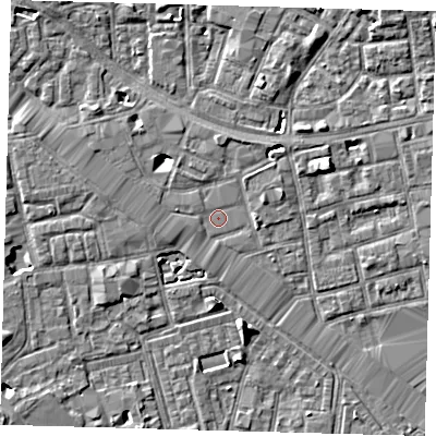 Shaded relief map of the ground around SE164AH, computed from Environment Agency LiDAR. The ground here sits at about 3 m above sea level and falls 6 m across the surrounding 800 m. Surface water reaching this point runs off ground lying to the west-north-west, 2.9 m higher.