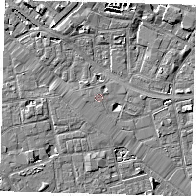 Shaded relief map of the ground around SE164AN, computed from Environment Agency LiDAR. The ground here sits at about 3 m above sea level and falls 7 m across the surrounding 800 m. The ground contributing surface water to this point lies to the north-north-east.