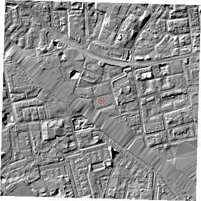 Shaded relief map of the ground around SE164AR, computed from Environment Agency LiDAR. The ground here sits at about 3 m above sea level and falls 6 m across the surrounding 800 m. Surface water reaching this point runs off ground lying to the west-north-west, 2.9 m higher.