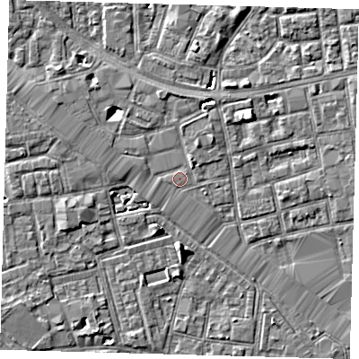 Shaded relief map of the ground around SE164AU, computed from Environment Agency LiDAR. The ground here sits at about 3 m above sea level and falls 6 m across the surrounding 800 m. The ground contributing surface water to this point lies to the west.