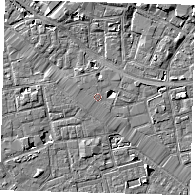 Shaded relief map of the ground around SE164AW, computed from Environment Agency LiDAR. The ground here sits at about 3 m above sea level and falls 6 m across the surrounding 800 m. Surface water reaching this point runs off ground lying to the west-north-west, 1.0 m higher.