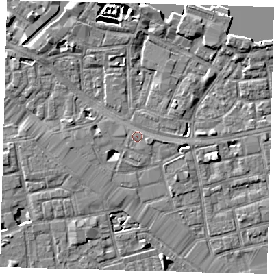Shaded relief map of the ground around SE164AZ, computed from Environment Agency LiDAR. The ground here sits at about 3 m above sea level and falls 7 m across the surrounding 800 m. Surface water reaching this point runs off ground lying to the east-south-east, 0.9 m higher.