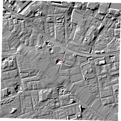 Shaded relief map of the ground around SE164BB, computed from Environment Agency LiDAR. The ground here sits at about 3 m above sea level and falls 7 m across the surrounding 800 m. Surface water reaching this point runs off ground lying to the west, 2.9 m higher.