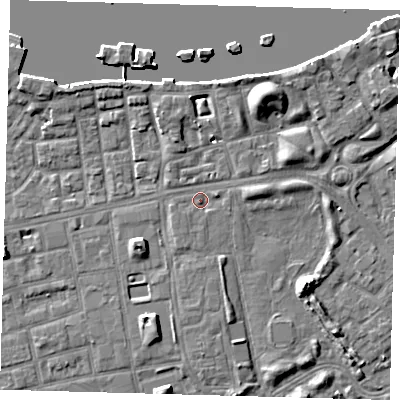 Shaded relief map of the ground around SE164BD, computed from Environment Agency LiDAR. The ground here sits at about 3 m above sea level and falls 8 m across the surrounding 800 m. Surface water reaching this point runs off ground lying to the north, 3.8 m higher.