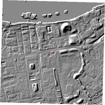 Shaded relief map of the ground around SE164BG, computed from Environment Agency LiDAR. The ground here sits at about 4 m above sea level and falls 9 m across the surrounding 800 m. Surface water reaching this point runs off ground lying to the north-north-west, 3.8 m higher.