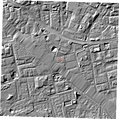 Shaded relief map of the ground around SE164BP, computed from Environment Agency LiDAR. The ground here sits at about 3 m above sea level and falls 6 m across the surrounding 800 m. Surface water reaching this point runs off ground lying to the west-north-west, 2.9 m higher.