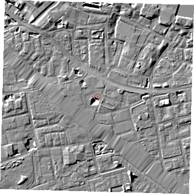 Shaded relief map of the ground around SE164BS, computed from Environment Agency LiDAR. The ground here sits at about 3 m above sea level and falls 7 m across the surrounding 800 m. Surface water reaching this point runs off ground lying to the west, 2.9 m higher.