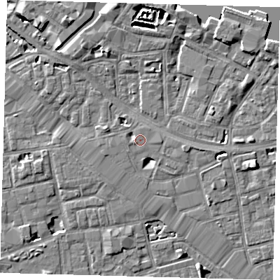 Shaded relief map of the ground around SE164BW, computed from Environment Agency LiDAR. The ground here sits at about 3 m above sea level and falls 7 m across the surrounding 800 m. Surface water reaching this point runs off ground lying to the west-south-west, 0.5 m higher.