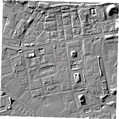 Shaded relief map of the ground around SE164BY, computed from Environment Agency LiDAR. The ground here sits at about 3 m above sea level and falls 9 m across the surrounding 800 m. Surface water reaching this point runs off ground lying to the east-north-east, 7.3 m higher.