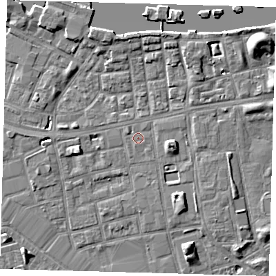 Shaded relief map of the ground around SE164DA, computed from Environment Agency LiDAR. The ground here sits at about 3 m above sea level and falls 9 m across the surrounding 800 m. Surface water reaching this point runs off ground lying to the east-south-east, 4.7 m higher.