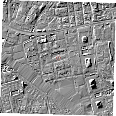 Shaded relief map of the ground around SE164DD, computed from Environment Agency LiDAR. The ground here sits at about 2 m above sea level and falls 7 m across the surrounding 800 m. Surface water reaching this point runs off ground lying to the north-west, 4.6 m higher.