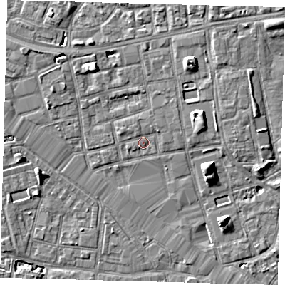 Shaded relief map of the ground around SE164DF, computed from Environment Agency LiDAR. The ground here sits at about 3 m above sea level and falls 7 m across the surrounding 800 m. Surface water reaching this point runs off ground lying to the north-north-west, 4.6 m higher.