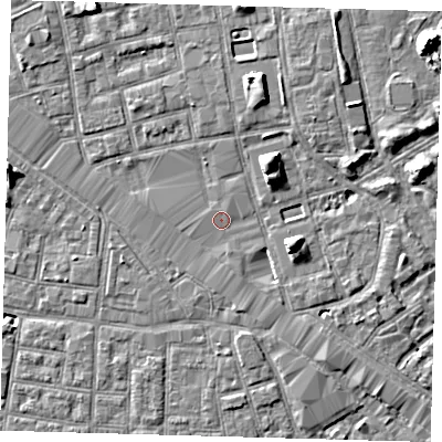 Shaded relief map of the ground around SE164DG, computed from Environment Agency LiDAR. The ground here sits at about 2 m above sea level and falls 7 m across the surrounding 800 m. Surface water reaching this point runs off ground lying to the north-north-east, 6.7 m higher.