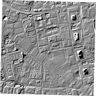 Shaded relief map of the ground around SE164DH, computed from Environment Agency LiDAR. The ground here sits at about 2 m above sea level and falls 7 m across the surrounding 800 m. Surface water reaching this point runs off ground lying to the north-north-west, 4.6 m higher.