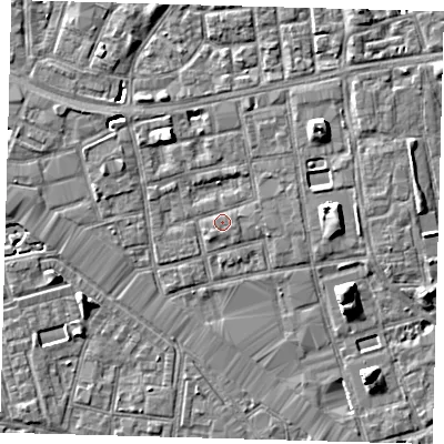 Shaded relief map of the ground around SE164DJ, computed from Environment Agency LiDAR. The ground here sits at about 3 m above sea level and falls 7 m across the surrounding 800 m. Surface water reaching this point runs off ground lying to the north-north-west, 4.6 m higher.