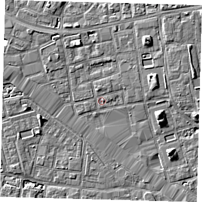 Shaded relief map of the ground around SE164DP, computed from Environment Agency LiDAR. The ground here sits at about 2 m above sea level and falls 7 m across the surrounding 800 m. Surface water reaching this point runs off ground lying to the north-north-west, 4.6 m higher.