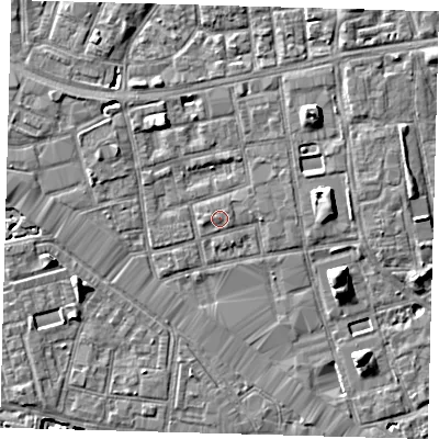 Shaded relief map of the ground around SE164DR, computed from Environment Agency LiDAR. The ground here sits at about 3 m above sea level and falls 7 m across the surrounding 800 m. Surface water reaching this point runs off ground lying to the west, 0.6 m higher.