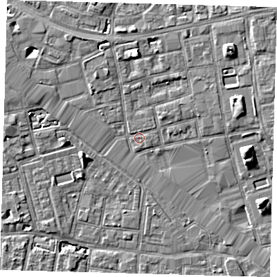 Shaded relief map of the ground around SE164DS, computed from Environment Agency LiDAR. The ground here sits at about 2 m above sea level and falls 7 m across the surrounding 800 m. Surface water reaching this point runs off ground lying to the north, 0.7 m higher.