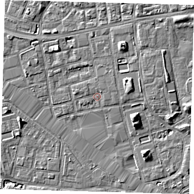 Shaded relief map of the ground around SE164DT, computed from Environment Agency LiDAR. The ground here sits at about 2 m above sea level and falls 7 m across the surrounding 800 m. Surface water reaching this point runs off ground lying to the north-west, 4.6 m higher.