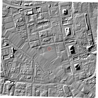 Shaded relief map of the ground around SE164DU, computed from Environment Agency LiDAR. The ground here sits at about 2 m above sea level and falls 7 m across the surrounding 800 m. Surface water reaching this point runs off ground lying to the west, 1.1 m higher.