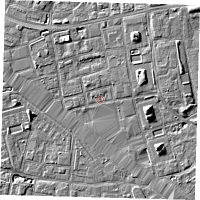 Shaded relief map of the ground around SE164DW, computed from Environment Agency LiDAR. The ground here sits at about 2 m above sea level and falls 7 m across the surrounding 800 m. Surface water reaching this point runs off ground lying to the east-north-east, 5.5 m higher.