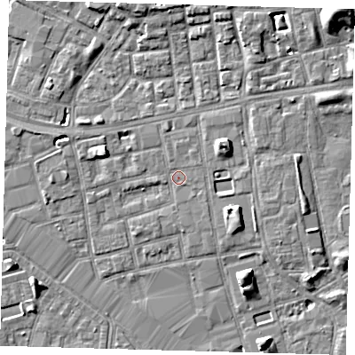 Shaded relief map of the ground around SE164DX, computed from Environment Agency LiDAR. The ground here sits at about 3 m above sea level and falls 9 m across the surrounding 800 m. Surface water reaching this point runs off ground lying to the west-north-west, 4.6 m higher.