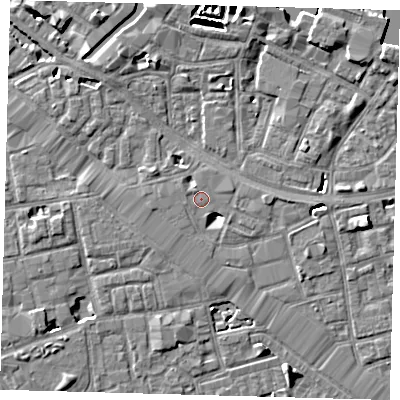Shaded relief map of the ground around SE164DY, computed from Environment Agency LiDAR. The ground here sits at about 3 m above sea level and falls 7 m across the surrounding 800 m. The ground contributing surface water to this point lies to the south-south-east.