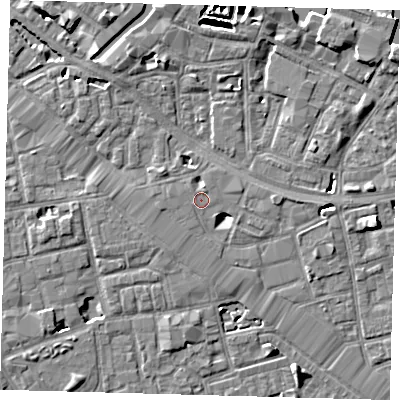 Shaded relief map of the ground around SE164DZ, computed from Environment Agency LiDAR. The ground here sits at about 3 m above sea level and falls 7 m across the surrounding 800 m. The ground contributing surface water to this point lies to the north-west.