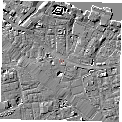 Shaded relief map of the ground around SE164ED, computed from Environment Agency LiDAR. The ground here sits at about 3 m above sea level and falls 7 m across the surrounding 800 m. Surface water reaching this point runs off ground lying to the west, 0.8 m higher.