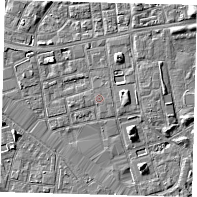 Shaded relief map of the ground around SE164EE, computed from Environment Agency LiDAR. The ground here sits at about 3 m above sea level and falls 7 m across the surrounding 800 m. The ground contributing surface water to this point lies to the east-north-east.