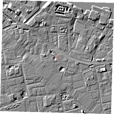 Shaded relief map of the ground around SE164EH, computed from Environment Agency LiDAR. The ground here sits at about 3 m above sea level and falls 7 m across the surrounding 800 m. Surface water reaching this point runs off ground lying to the south-south-west, 1.8 m higher.