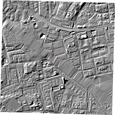 Shaded relief map of the ground around SE164EJ, computed from Environment Agency LiDAR. The ground here sits at about 3 m above sea level and falls 6 m across the surrounding 800 m. Surface water reaching this point runs off ground lying to the north-west, 2.9 m higher.