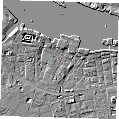 Shaded relief map of the ground around SE164EN, computed from Environment Agency LiDAR. The ground here sits at about 3 m above sea level and falls 7 m across the surrounding 800 m. Surface water reaching this point runs off ground lying to the south-west, 0.9 m higher.